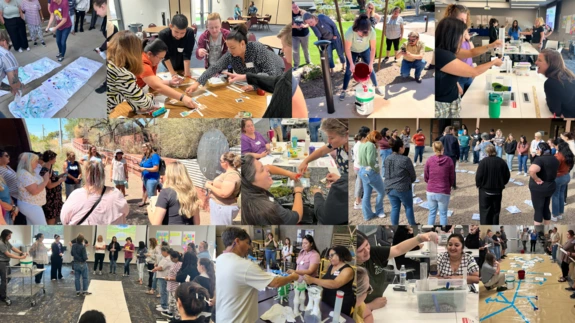 Collage of teachers doing different hands-on activities of working in groups and doing activities